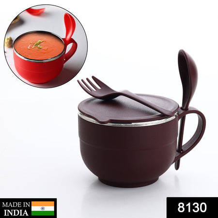 8130 Noodles  Soup Bowl With Spoon And Fork Handle Spoon Holder Stainless Steel Bowl And Spoon Set Stainless Steel Storage Wukusy