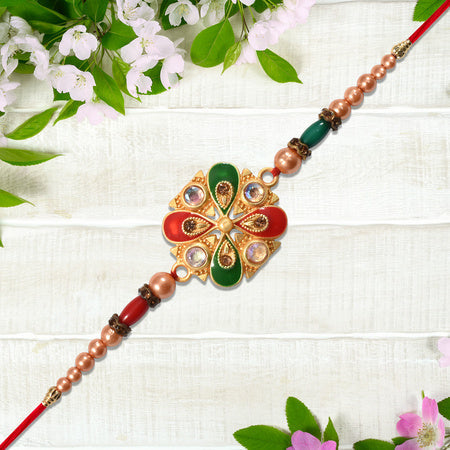 Elegant Meenakari Rakhi With Red-green Enamel  Stones Wukusy