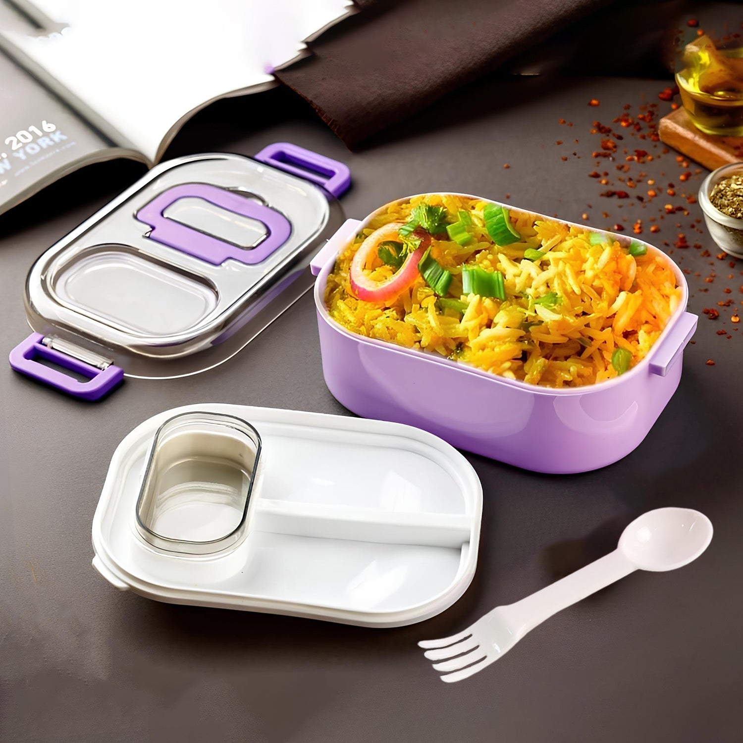 Multi-functional 1 Set Leakproof Lunch Box With Cutlery  Tumbler Wukusy