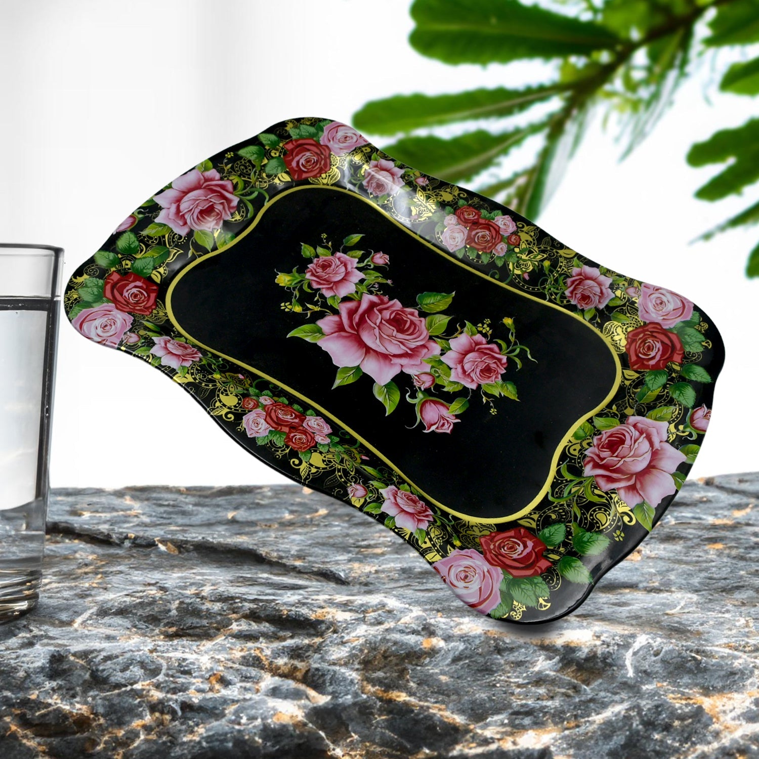 5537 Stainless Steel Serving Tray With Flower Printed Rectangle Premium Dining Table Plate (18 X 8.5 Inch  1 Pc) Wukusy