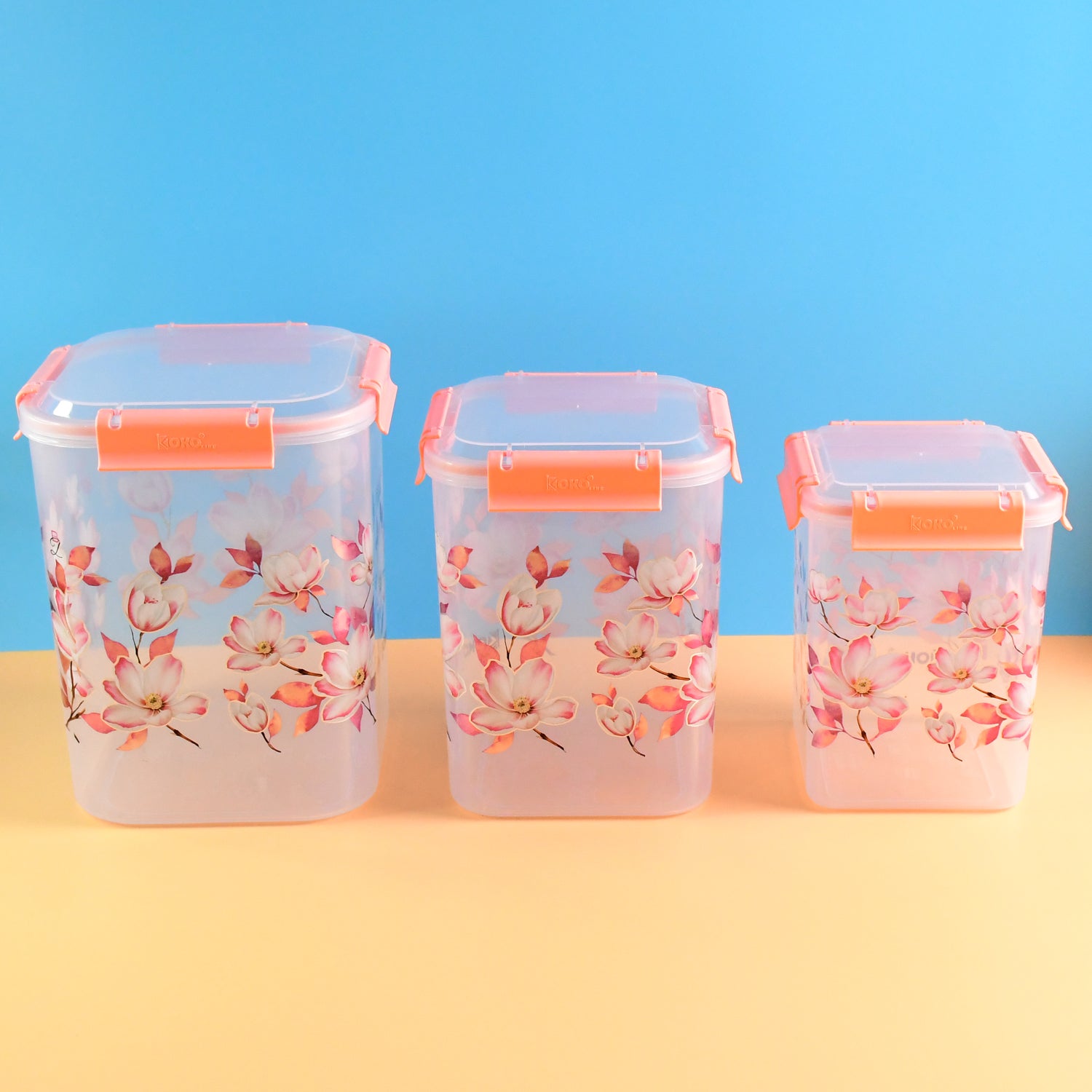 Square 3 Pcs Floral Printed Airtight Storage Container Set  Approx 2.8 Ltr 4.5 Ltr 6.9 Ltr (3 Pcs Set) Wukusy