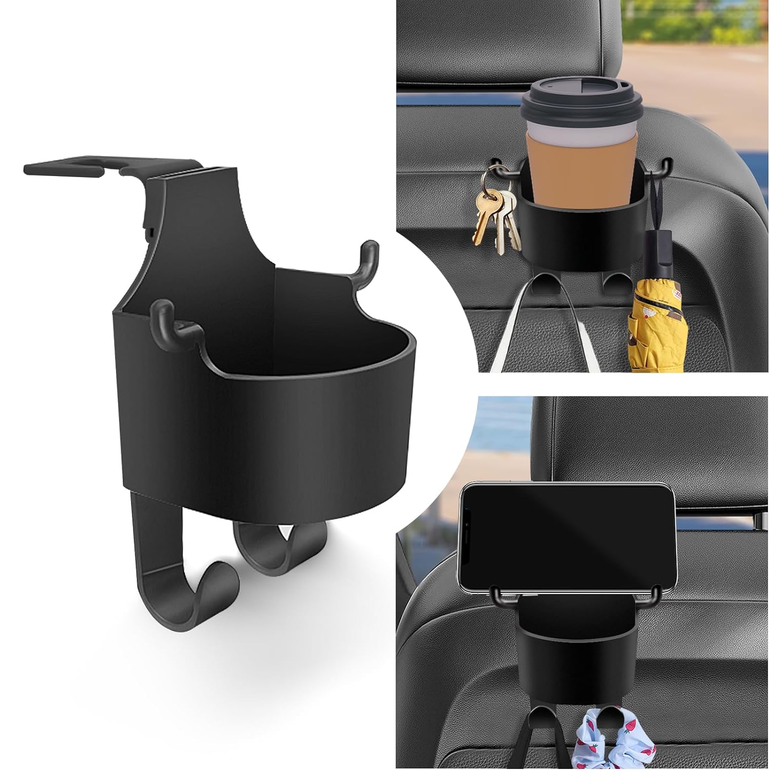 8548 Car Headrest Backseat Organizer 3 In 1 Automotive Cell Phone Drink Cupholder Adapter With Headrest Hooks For Kids And Adults Multifunctional Storage For Car Travel Accessories Wukusy