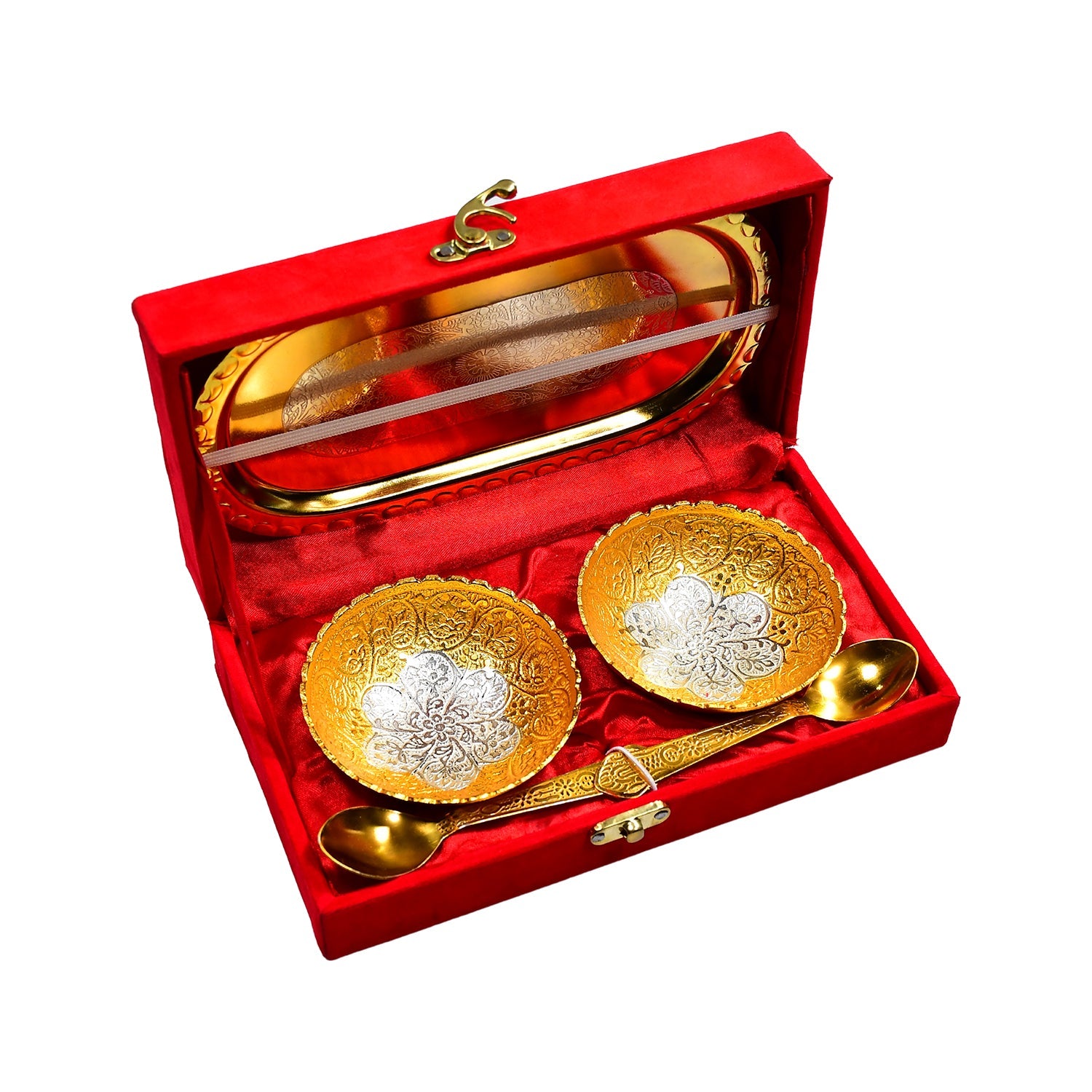 2947 Gold Silver Plated 2 Bowl 2 Spoon Tray Set Brass With Red Velvet Gift Box Serving Dry Fruits Desserts Gift Wukusy