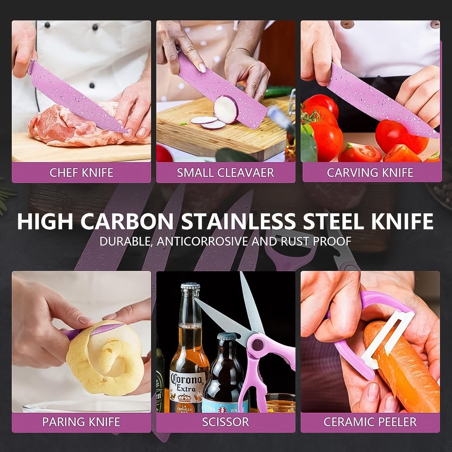 Stainless Steel Non Stick Ceramic Coating 6 Pcs Chef Kitchen Knife Set With Scissor  Peeler Wukusy