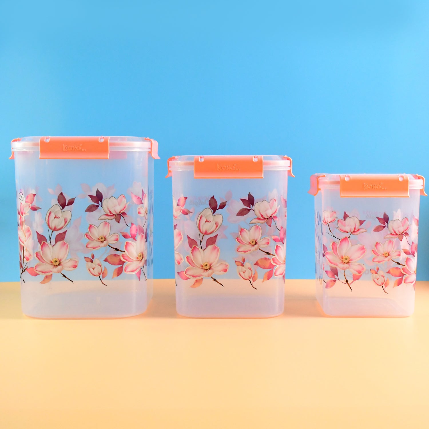 Square 3 Pcs Floral Printed Airtight Storage Container Set  Approx 2.8 Ltr 4.5 Ltr 6.9 Ltr (3 Pcs Set) Wukusy