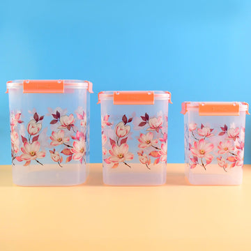 Square 3 Pcs Floral Printed Airtight Storage Container Set  Approx 2.8 Ltr 4.5 Ltr 6.9 Ltr (3 Pcs Set) Wukusy
