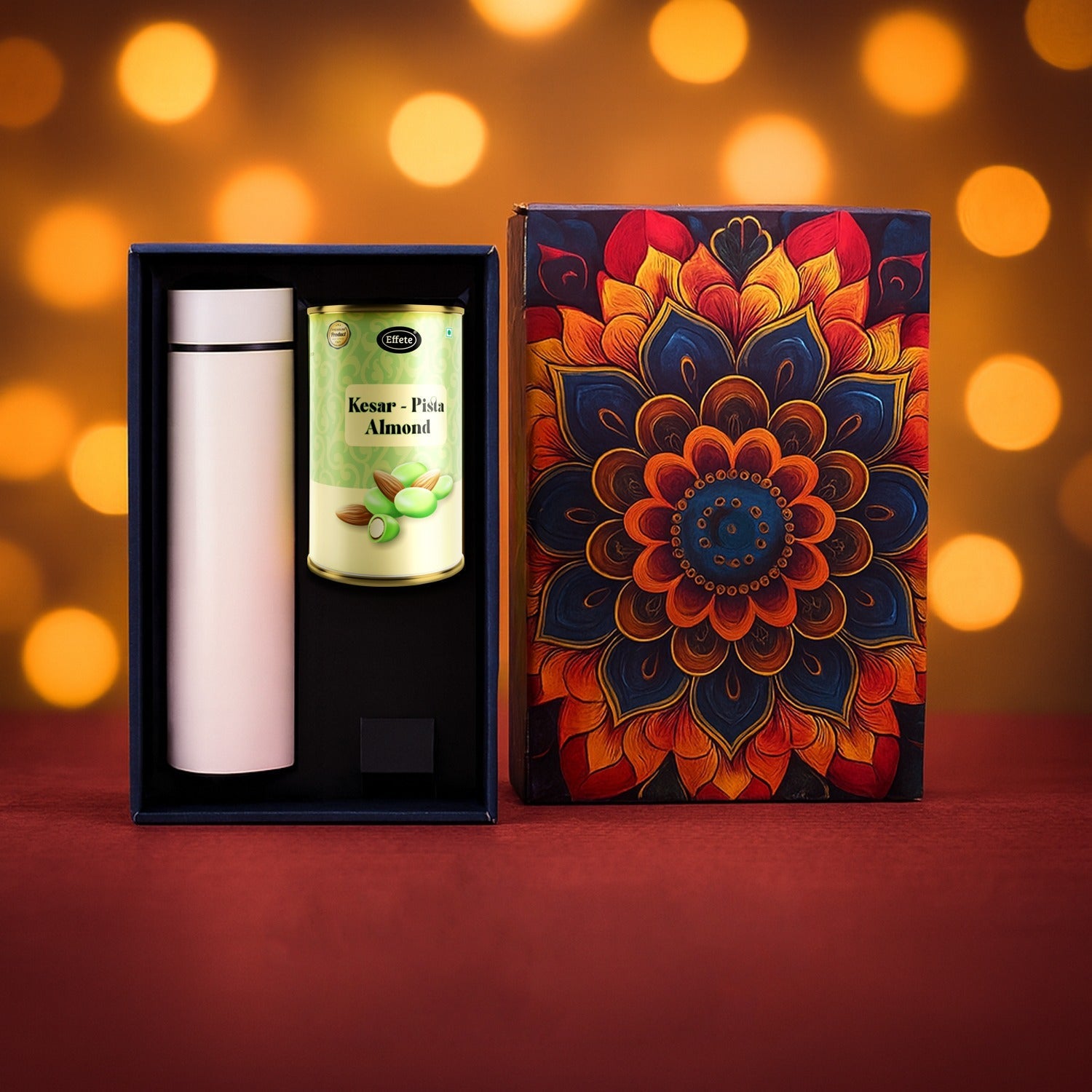 Effete Kesar Pista Almonds Gift Hamper Golden With Bottle (2 Pc Set) Wukusy