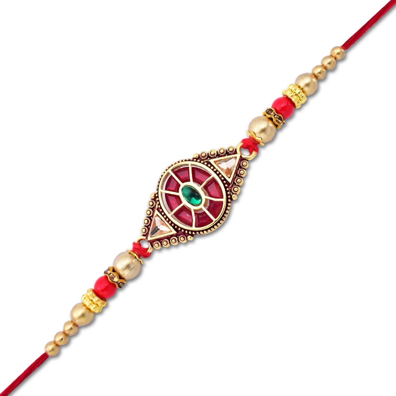 Royal Designer Rakhi With Kundan Centerpiece Red  Green Enamel Work And Golden Beads Wukusy