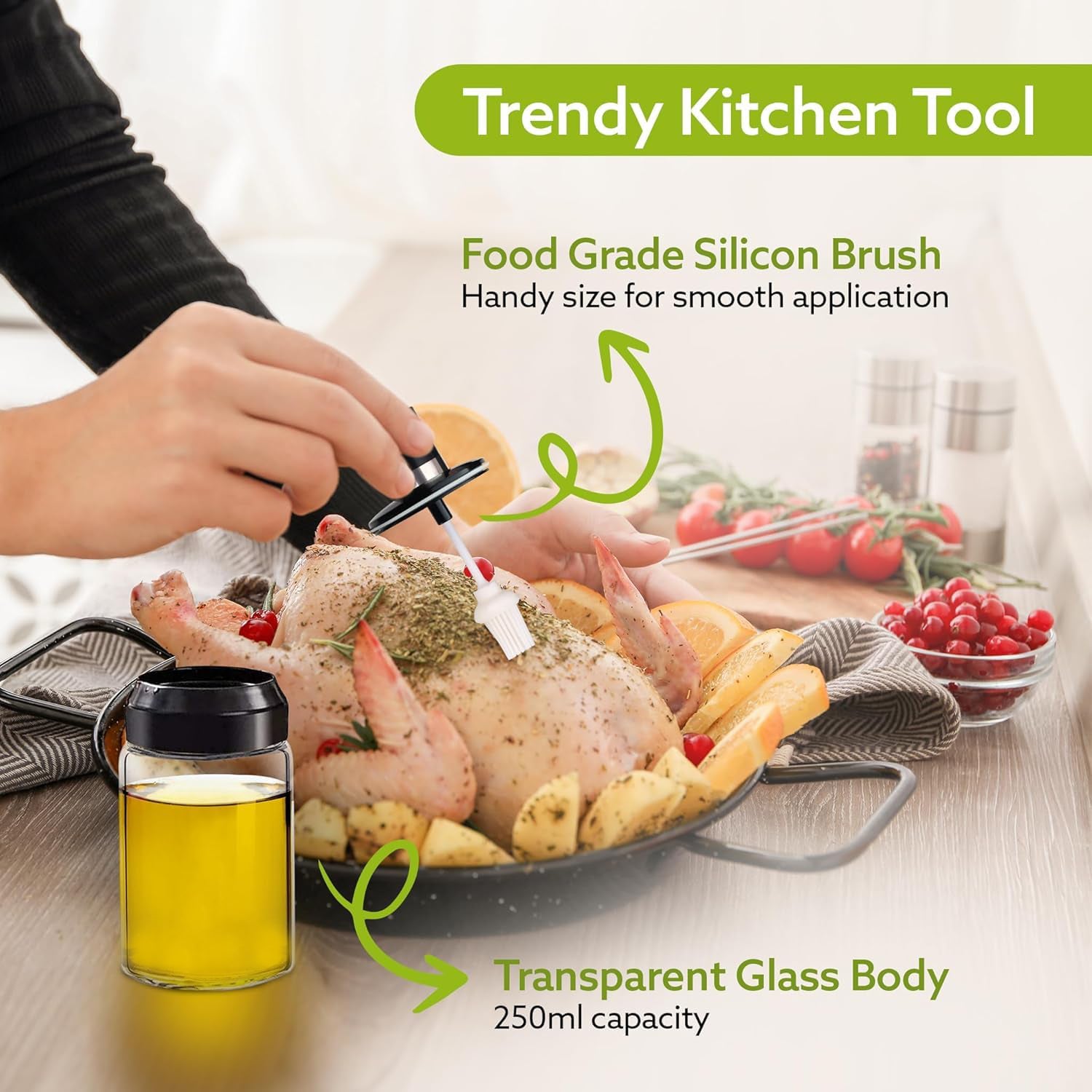 Clear Glass Oil Dispenser Bottle With Integrated Silicone Basting Brush (250ml Approx) Wukusy