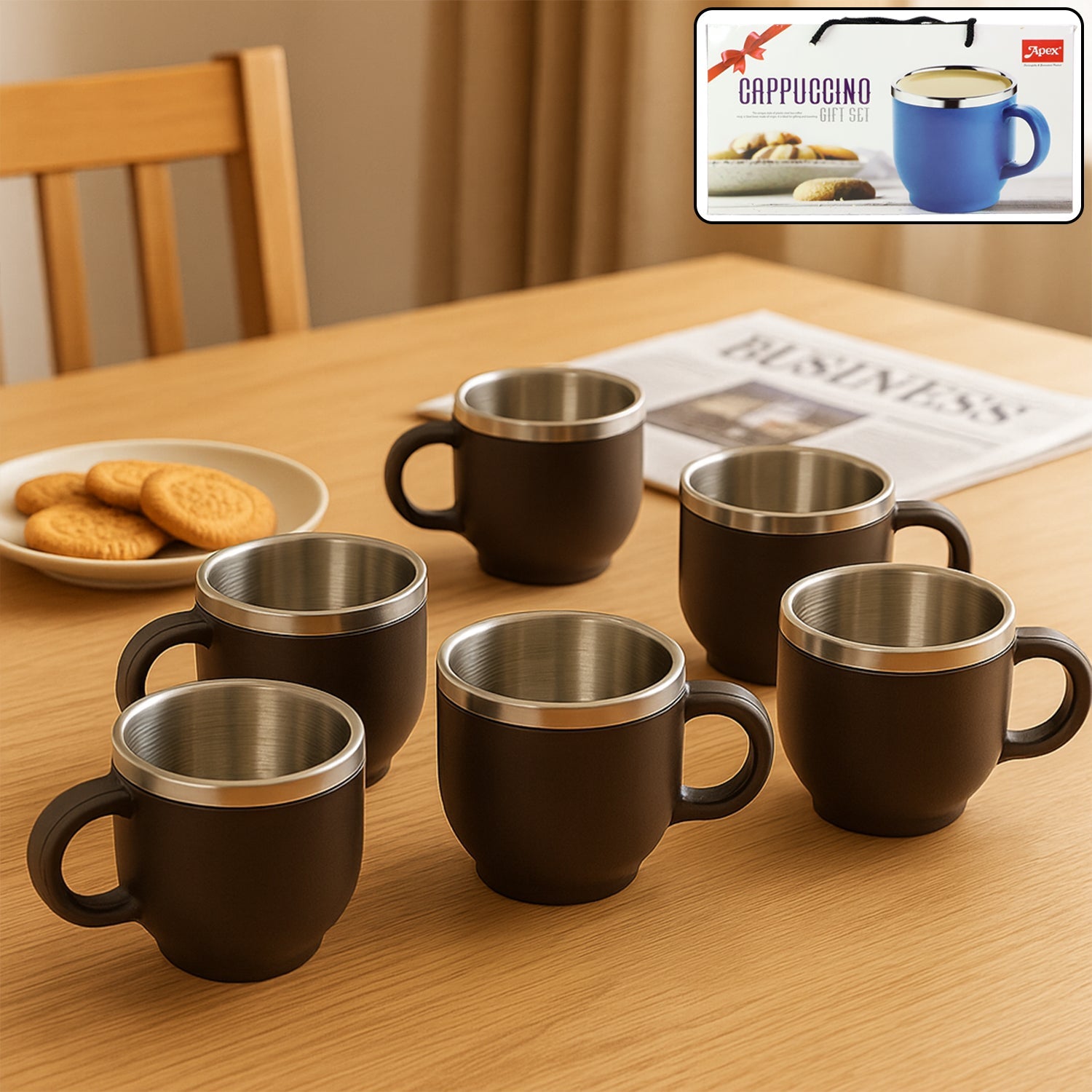 Apex Premium Double Wall Stainless Steel Cappuccino Mug Gift Set (6 Pc  100 Ml) Wukusy