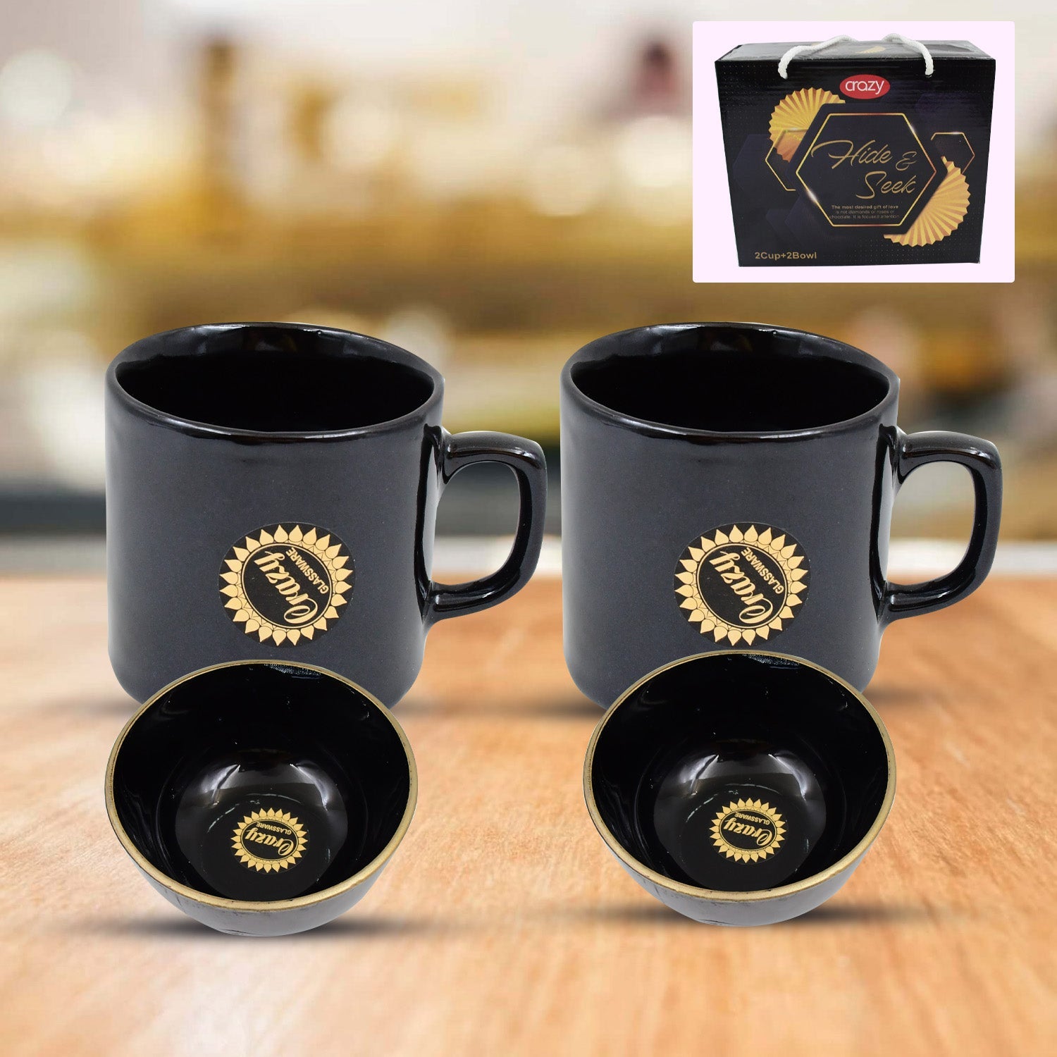 Hide  Seek Ceramic Tea  Cups With Round Serving Bowl (4 Pcs Set) Wukusy