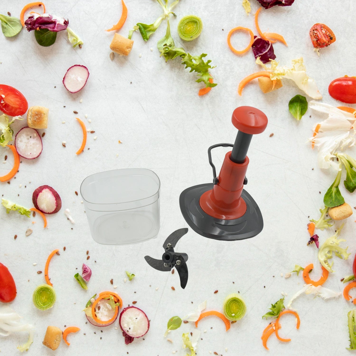 5790 Manual Press Fruit  Vegetable Chopper With 3 Stainless Steel Blades Anti-slip Base And Locking System Cutting Chopper For Kitchen (650 Ml) Wukusy