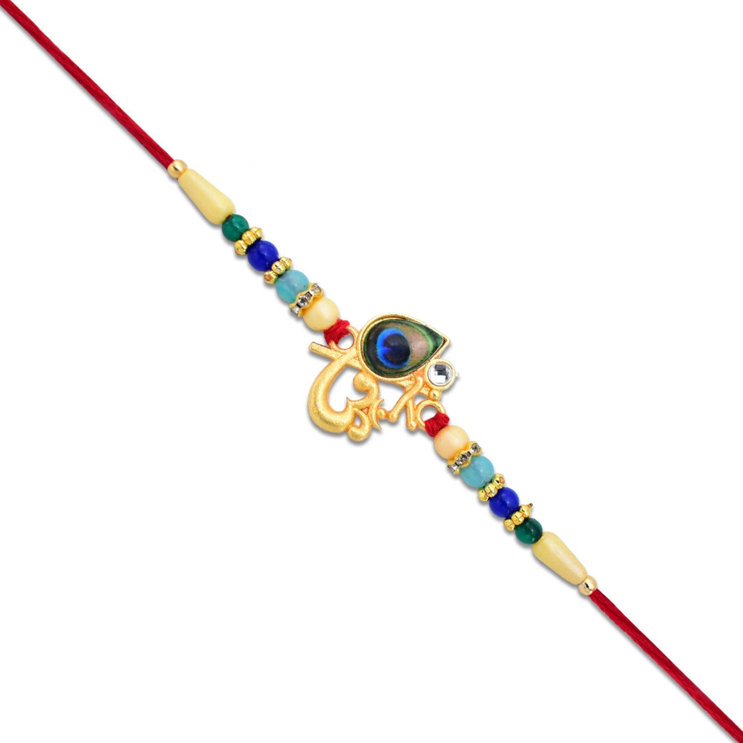Divine Govind Rakhi With Peacock Feather Design And Multicolor Beads Wukusy