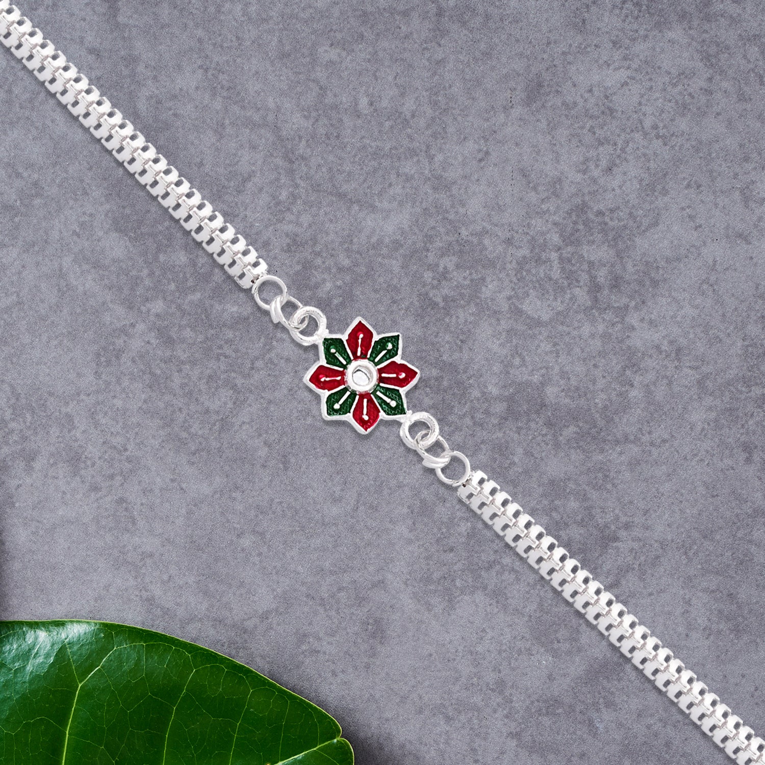 Star Floral Rakhi With Red-green Enamel And Silver Chain Wukusy
