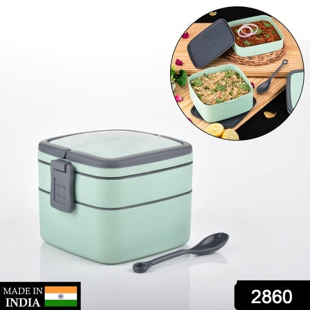 2860 Green Double-layer Portable Lunch Box Stackable With Carrying Handle And Spoon Lunch Box Wukusy