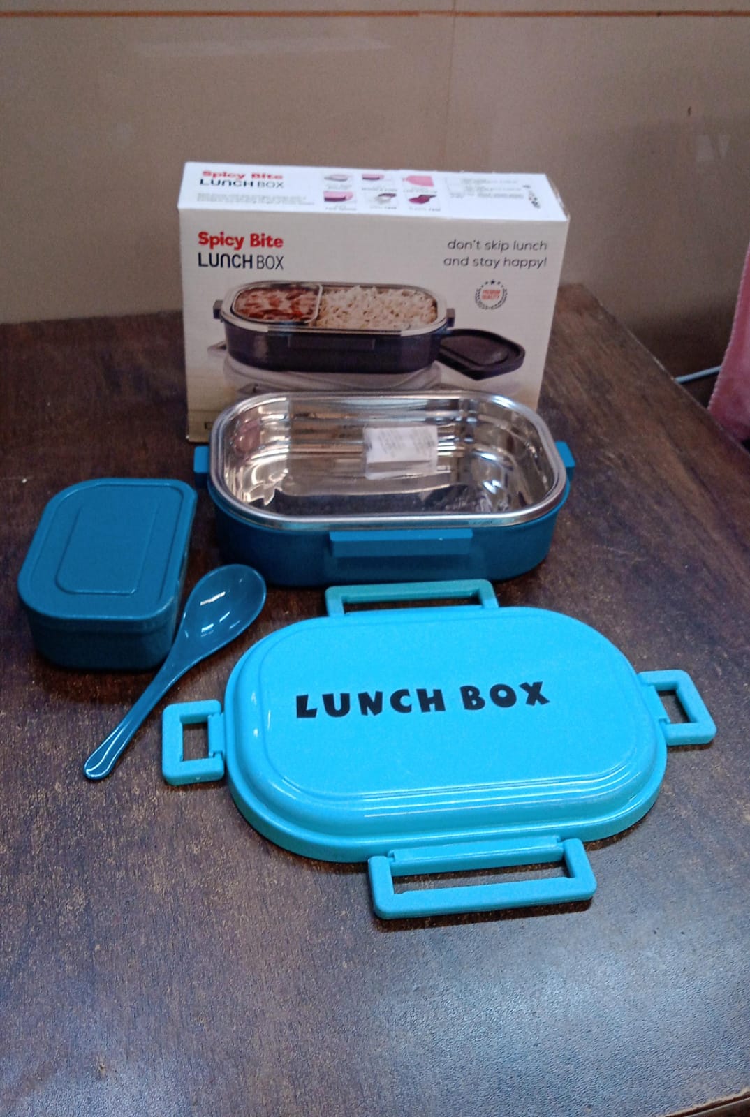 3 In 1 Spicy Bite Stainless Steel Lunch Box With Plastic Small Box  Spoon (1 Set) Wukusy