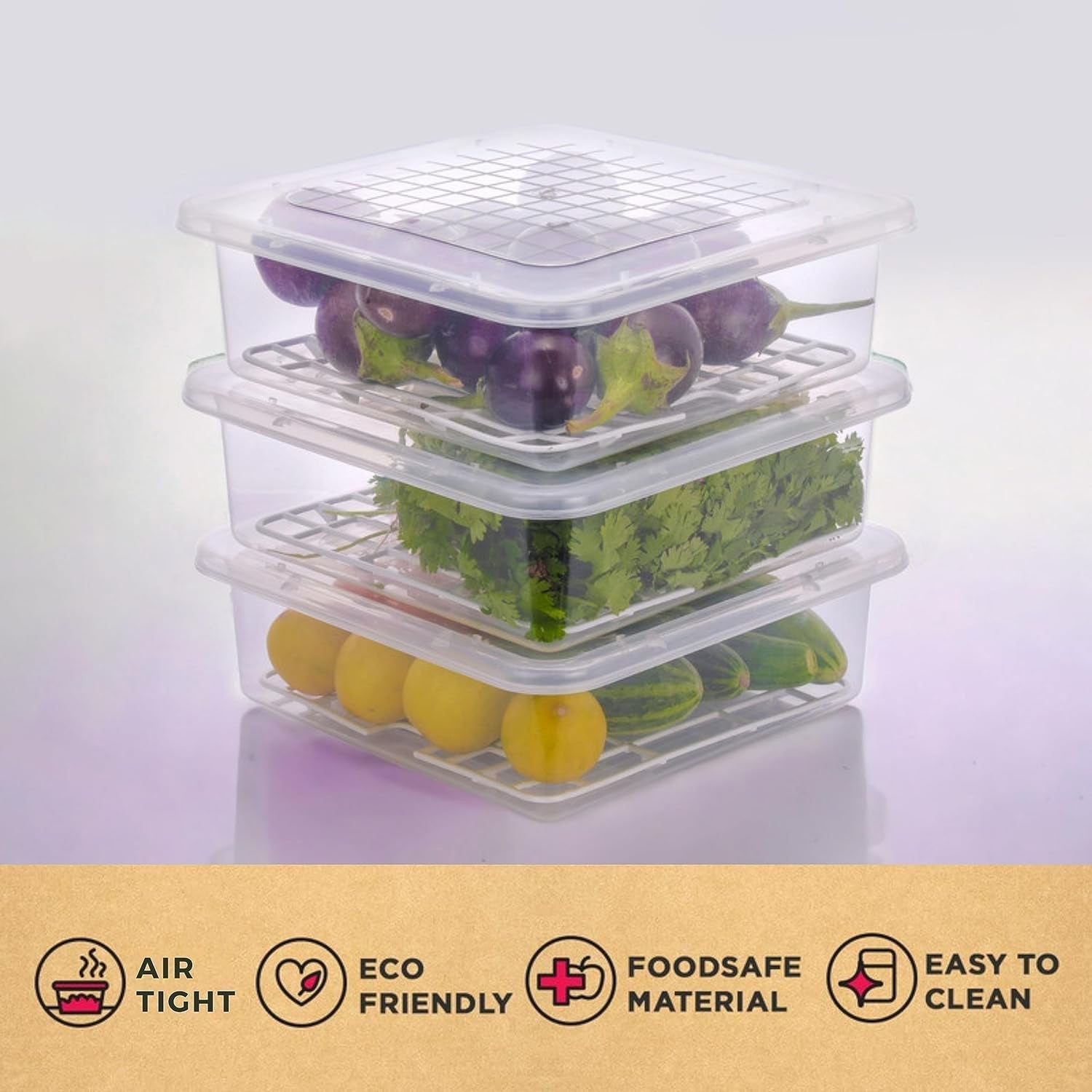 Plastic Food Storage Containers With Removable Drain Tray And Lid (3 Pcs Set) Wukusy