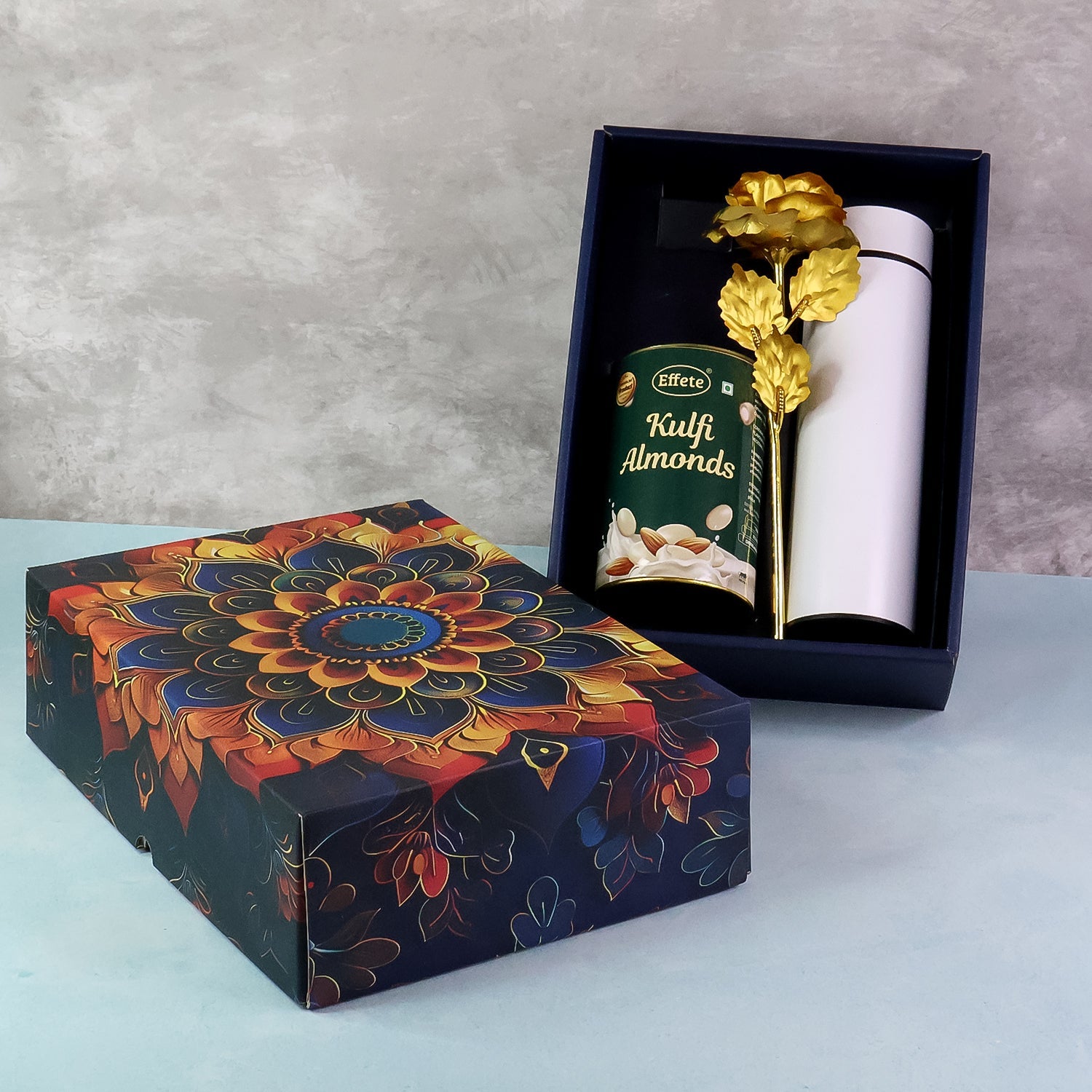 Effete Kulfi Almonds Gift Hamper Golden Rose With Bottle (3 Pc Set) Wukusy