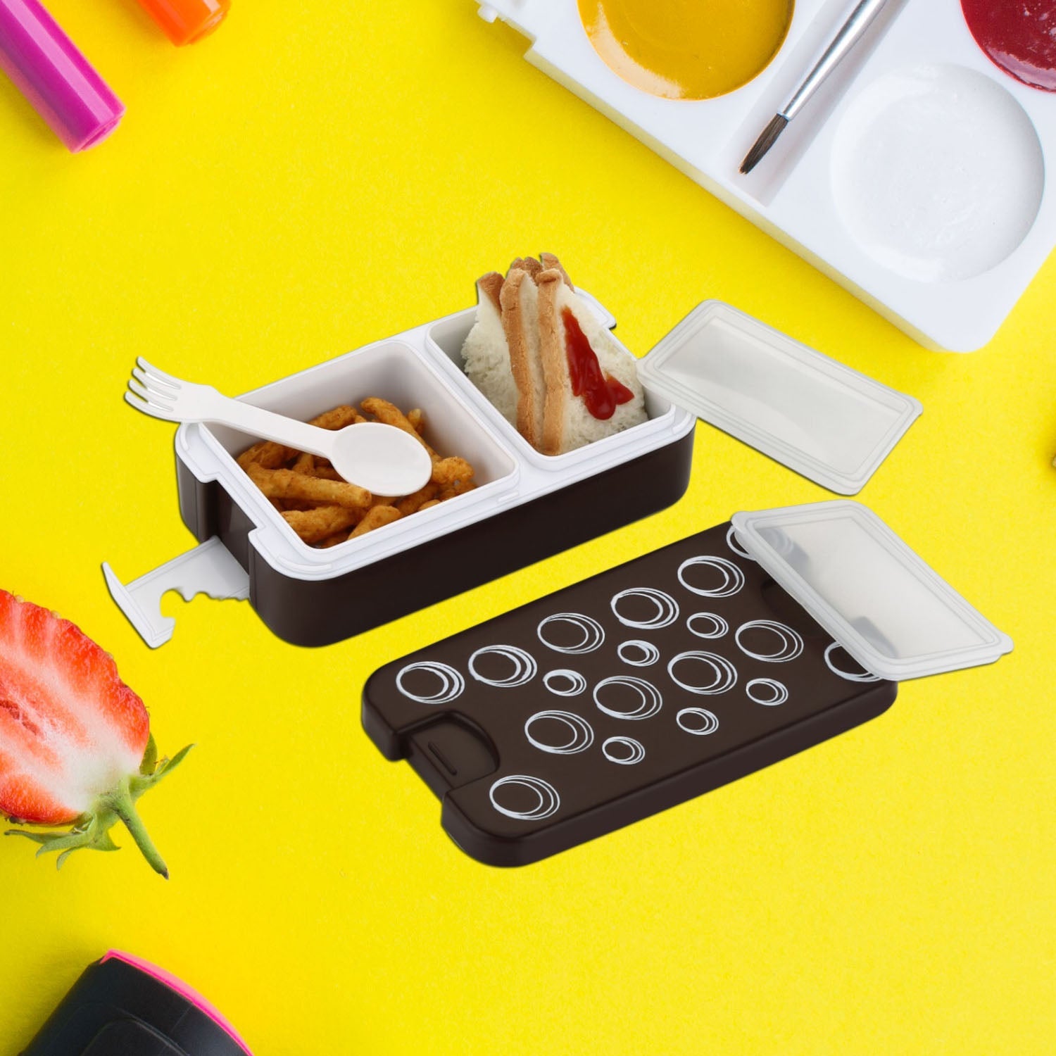 5330 Airtight Lunch Box 2 Compartment Lunch Box Leak Proof Food Grade Material Lunch Box Modern Appearance  Compact Lunch Box With Spoon Wukusy