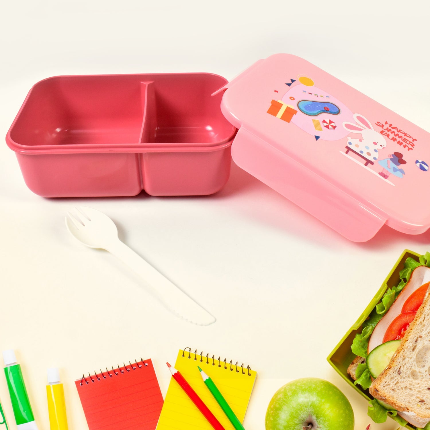 Plastic Lunch Box Leak Proof 2 Compartment With Bottle And Fork (1 Set  Mix Color) Wukusy