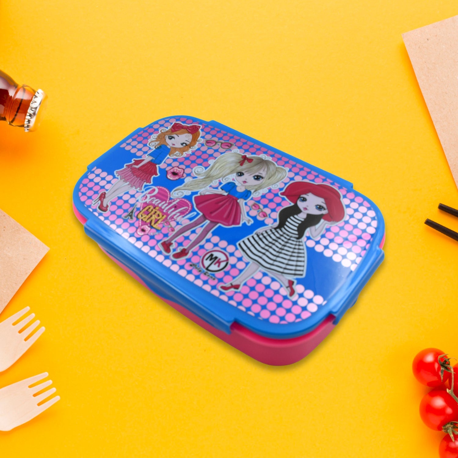 5983 Cartoon Printed Plastic Lunch Box With Inside Small Box  Spoon For Kids Air Tight Lunch Tiffin Box For Girls Boys Food Container Specially Designed For School Going Boys And Girls Wukusy