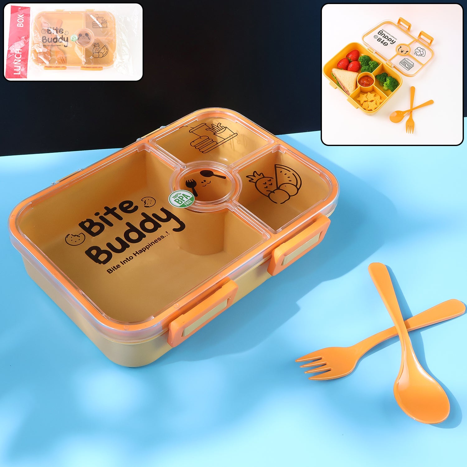 Bite Buddy 4-compartment Leak-resistant Plastic Lunch Box With Spoon  Fork Wukusy