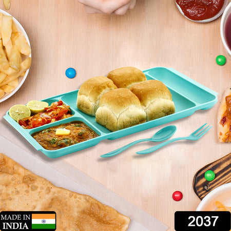 2037 4compartment Dish With Spoon And Fork(1 Dish Set With 1spoon And 1fork) Dinner Plate Plastic Compartment Plate Pav Bhaji Plate 4-compartments Divided Plastic Food Plate. Wukusy