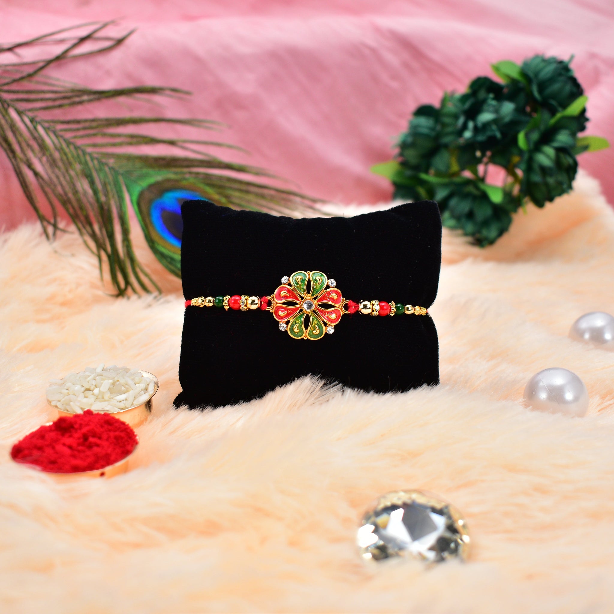 Designer Flower Rakhi With Colorful Enamel Petals And Golden Beads Wukusy