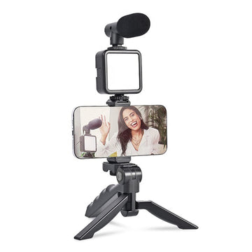 6054 Vlogging Kit For Video Making With Mic Mini Tripod Stand Led Light  Phone Holder Clip For Making Videos Wukusy