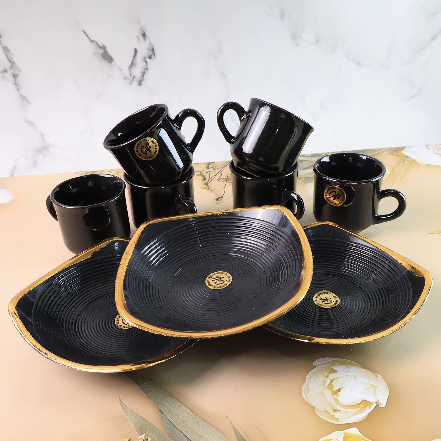 8237 Sweet Buzz Ceramic Tea  Cups  Mug Set With Seashell Shape Serving Bowl Milk Cup Coffee Cup Tea Cup Breakfast Cup Drinking Mug Or Outdoor For Household Gift For Birthday Wedding Party (8 Pcs Set) Wukusy