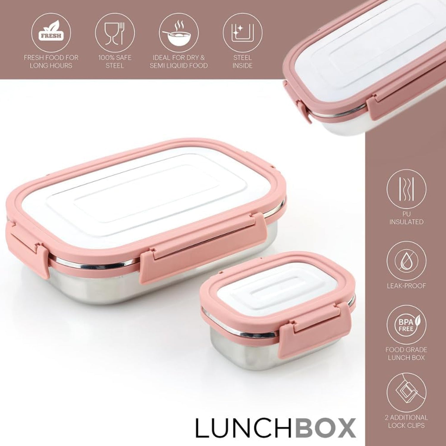 Premium Stainless Steel Leak Proof Air Tight Lunch Boxes (900ml+200ml Approx  2 Pc Set) Wukusy