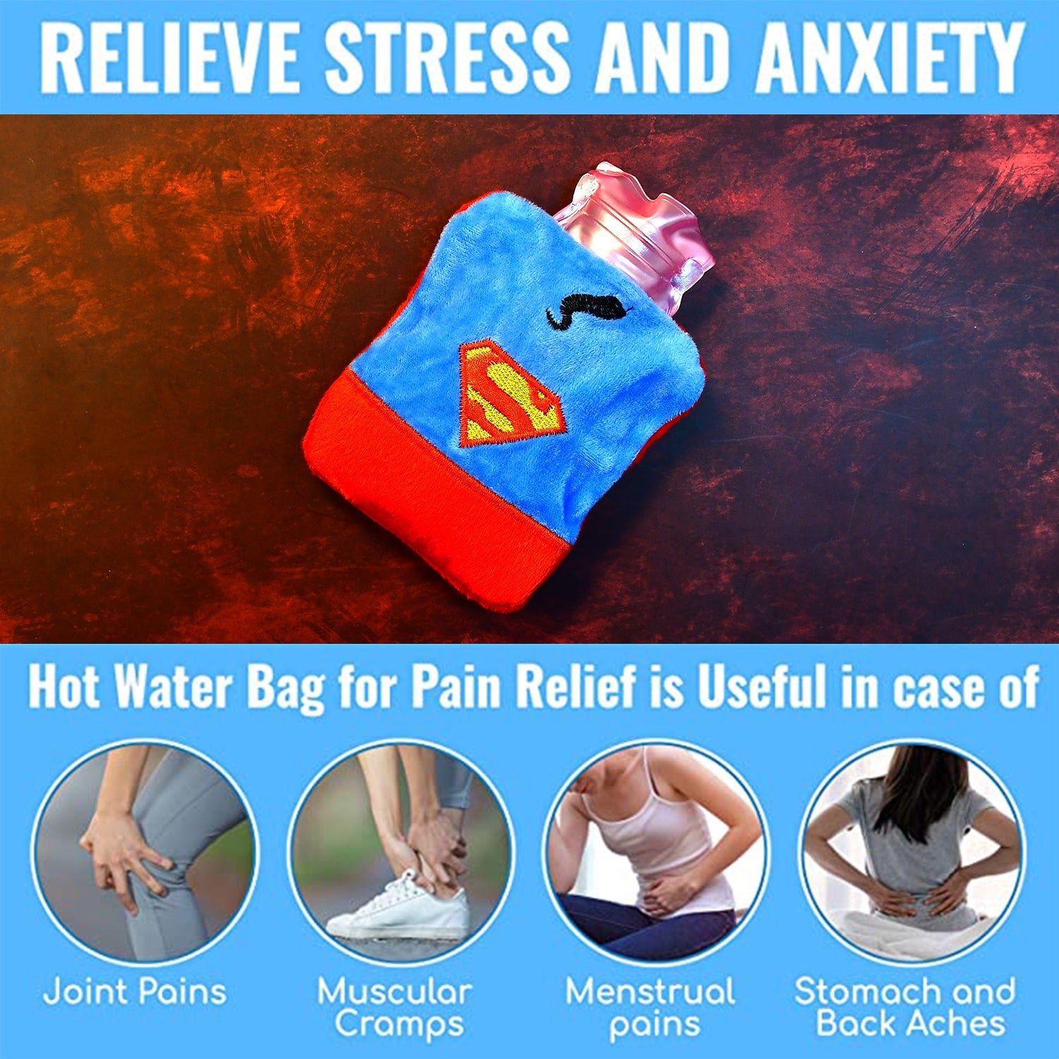 6530 Superman Print Small Hot Water Bag With Cover For Pain Relief Neck Shoulder Pain And Hand Feet Warmer Menstrual Cramps. Wukusy