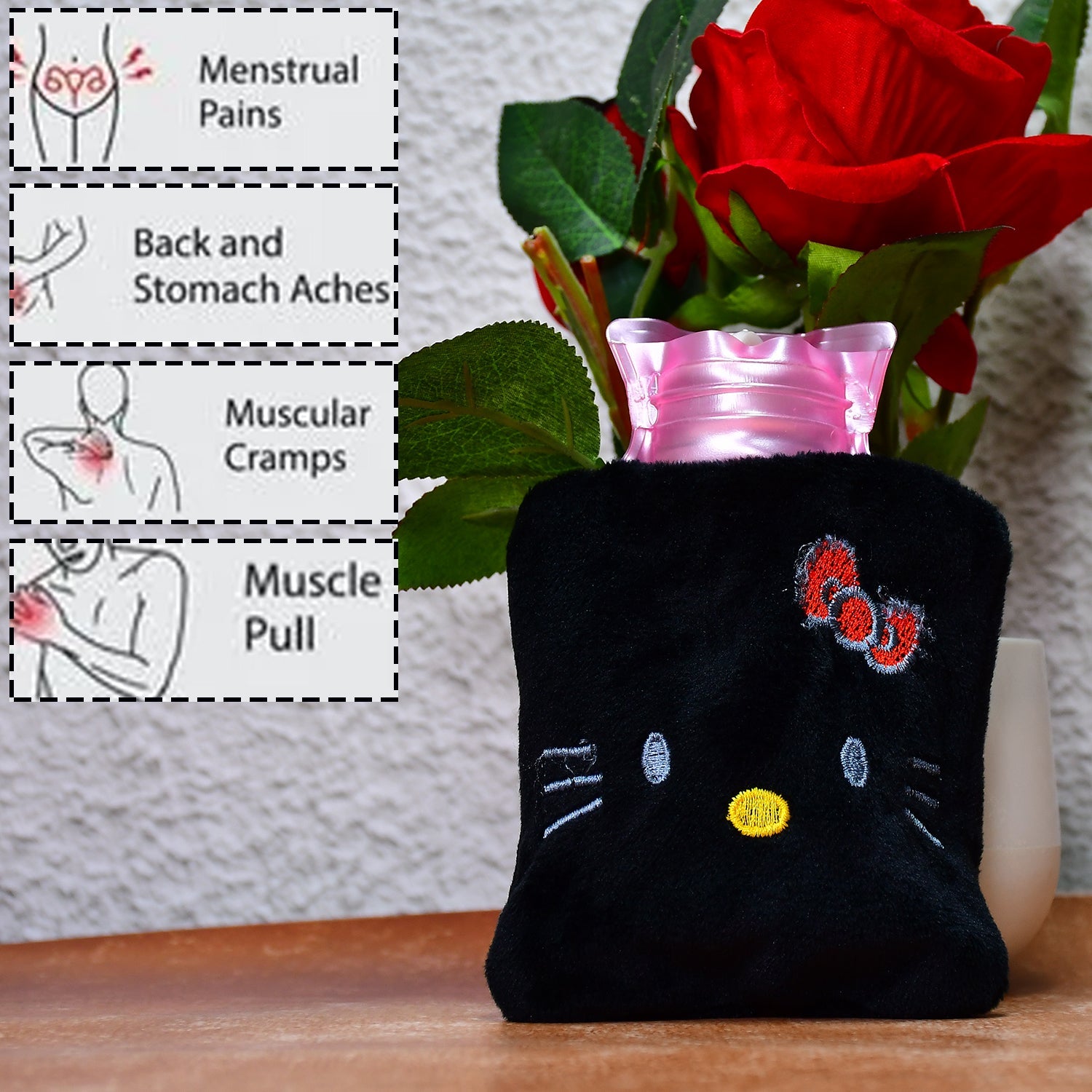 6513 Black Hello Kitty Small Hot Water Bag With Cover For Pain Relief Neck Shoulder Pain And Hand Feet Warmer Menstrual Cramps. Wukusy