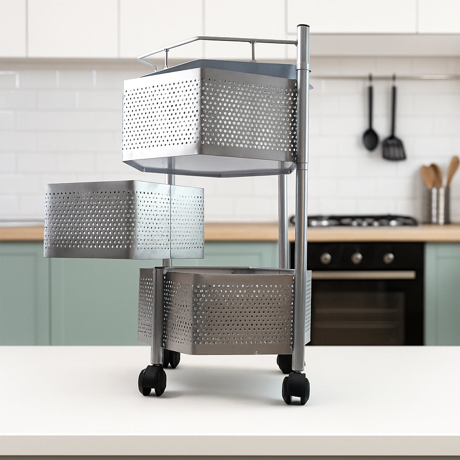Premium 3-layer Hexagon Kitchen Storage Trolley With Wheels (1 Pc) Wukusy