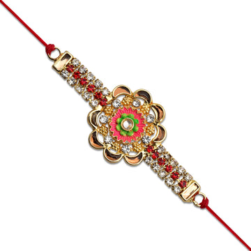 Stone Studded Floral Rakhi With Colorful Enamel Center Wukusy