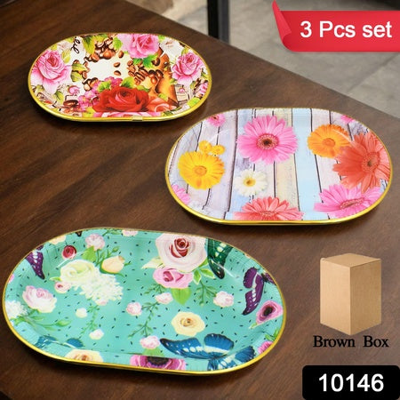 Plastic Flower Printed Design Serving Tray (3 Pcs Set  Mix Color) Wukusy