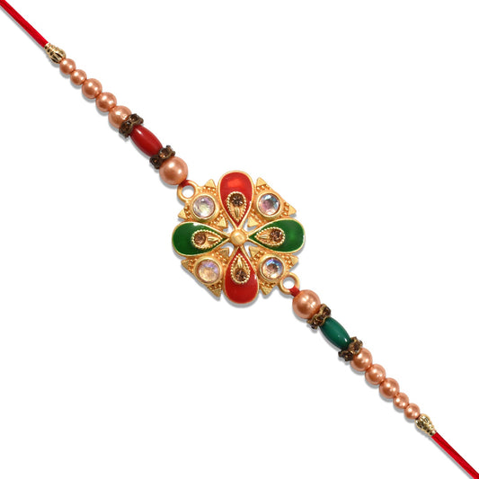 Elegant Meenakari Rakhi With Red-green Enamel  Stones