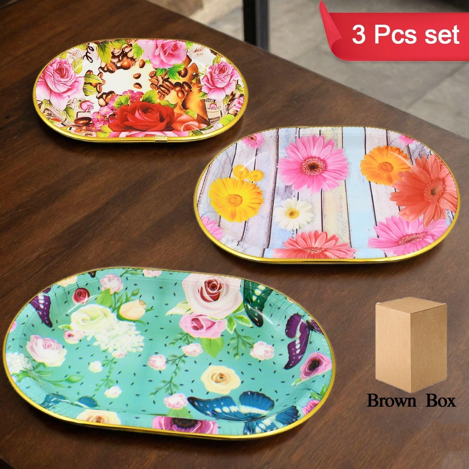 Plastic Flower Printed Design Serving Tray (3 Pcs Set  Mix Color) Wukusy