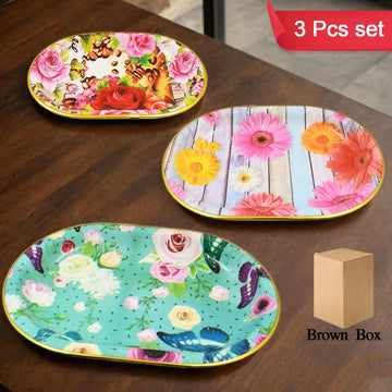 Plastic Flower Printed Design Serving Tray (3 Pcs Set  Mix Color) Wukusy