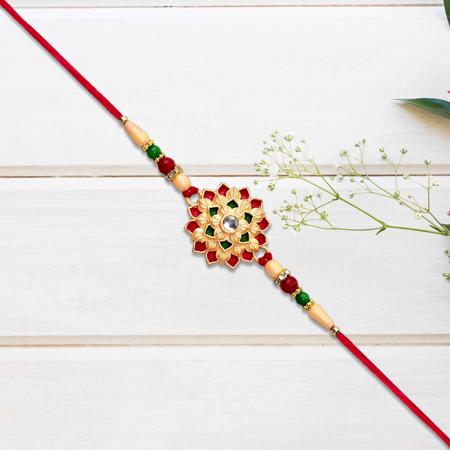 Multicolor Floral Rakhi With Mirror Center And Beaded Thread Wukusy
