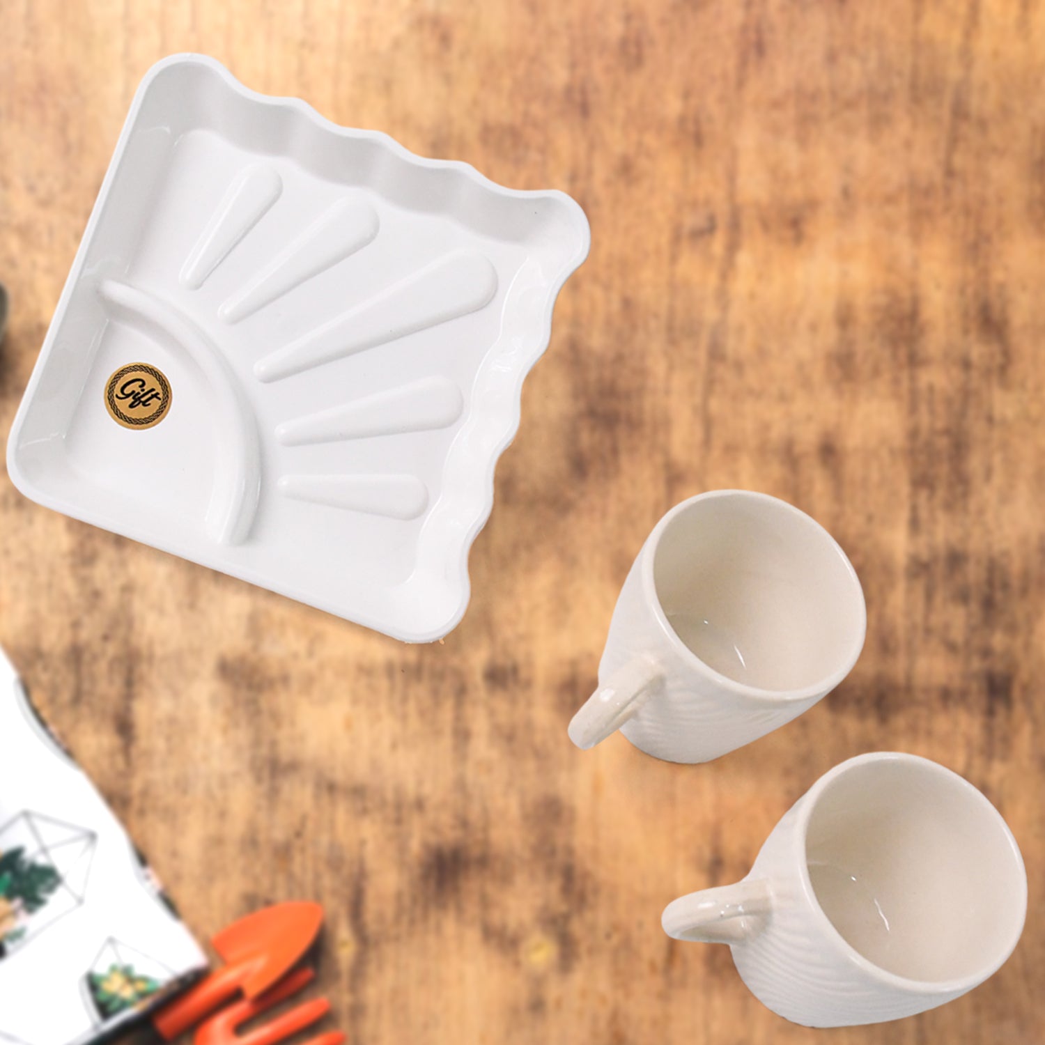 Cerntric Ceramic Tea Cup With Plastic Square Shape Serving Platter Milk Cup 3pc Set Wukusy