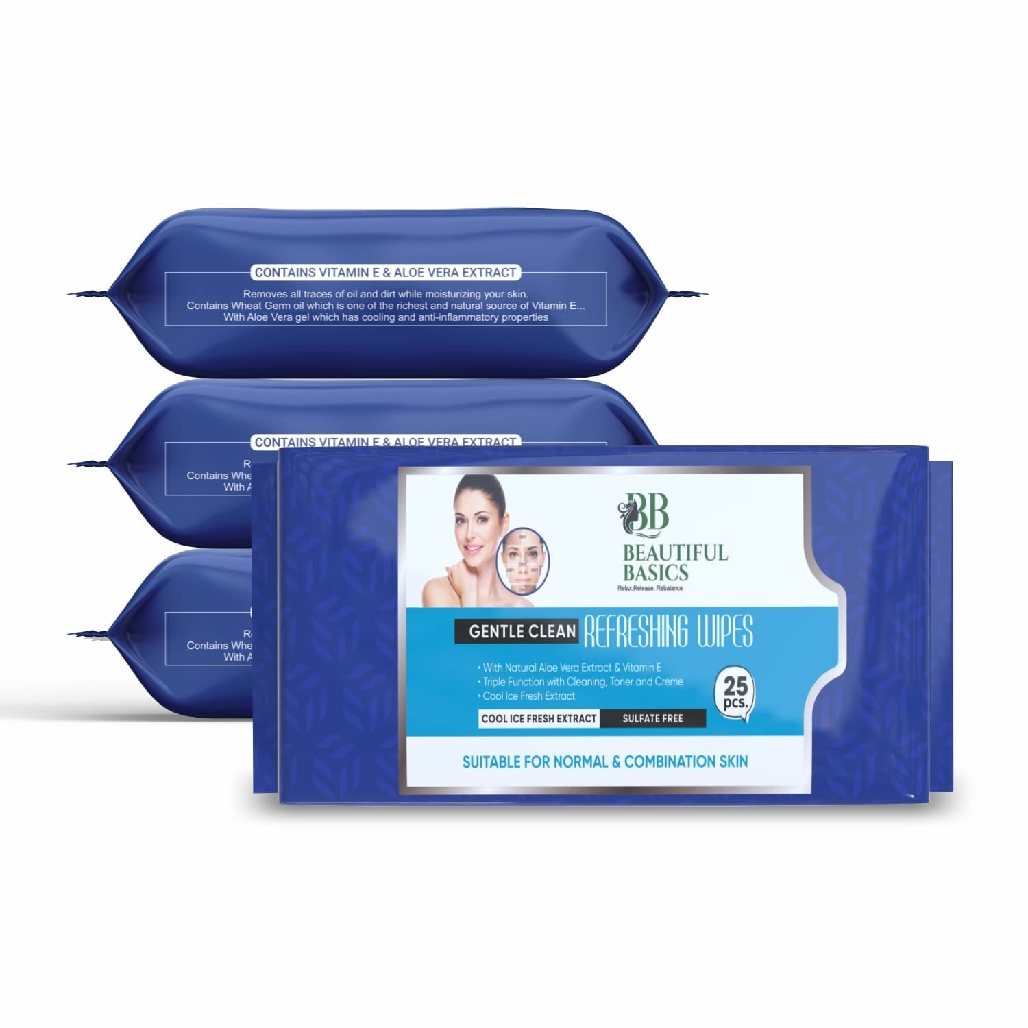 Beautiful Basics Dry Oily Sensitive  Normal Skin Face Wipes (4 Pkts X 100 Pcs Wipes) Wukusy