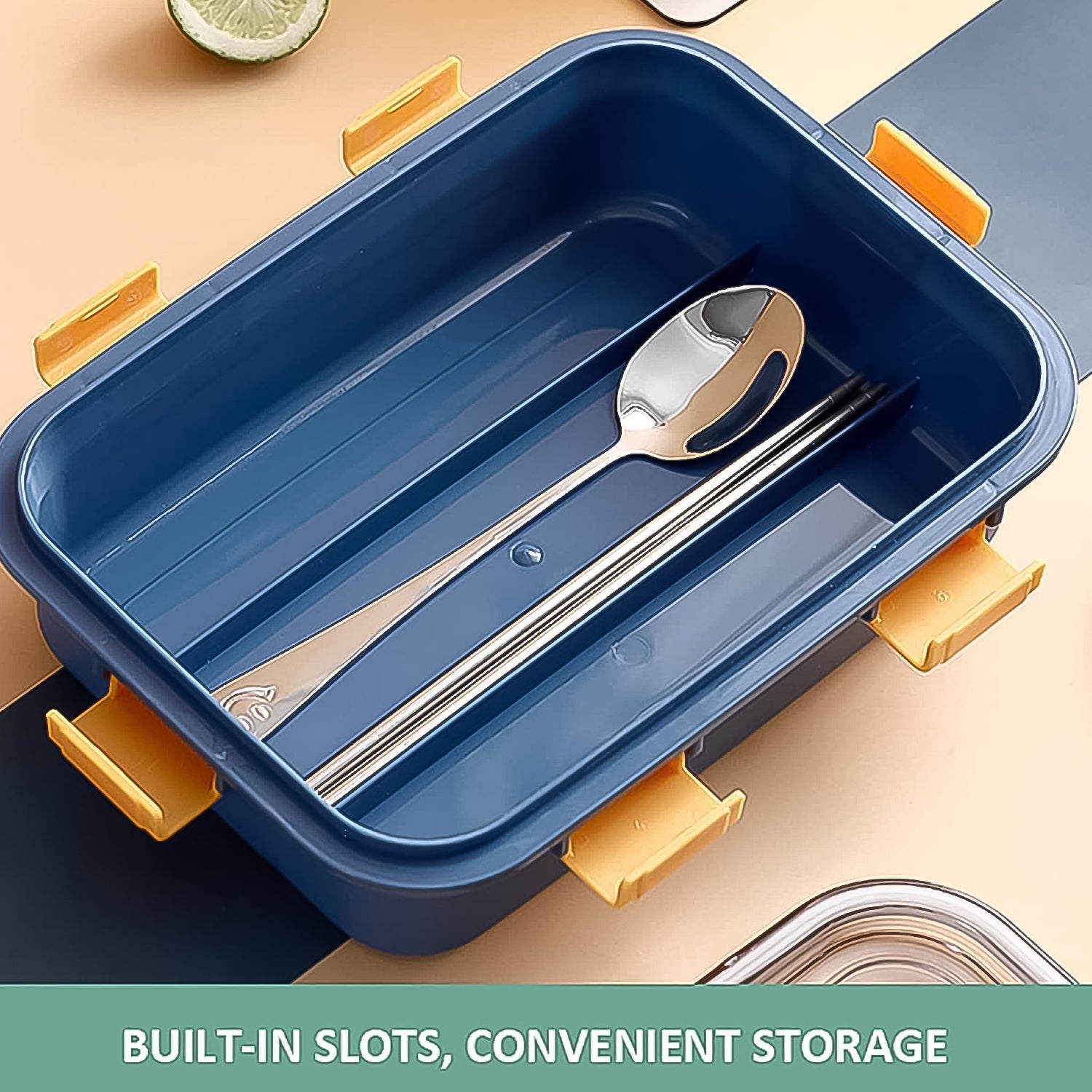 3 Compartment Transparent Stainless Steel Lunch Box With A Spoon And A Pair Of Chopsticks (1 Set) Wukusy