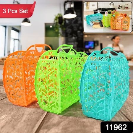 Plastic Foldable Basket Bag  Fruit  Vegetable Storage Basket (3 Pcs Set  Multicolor) Wukusy