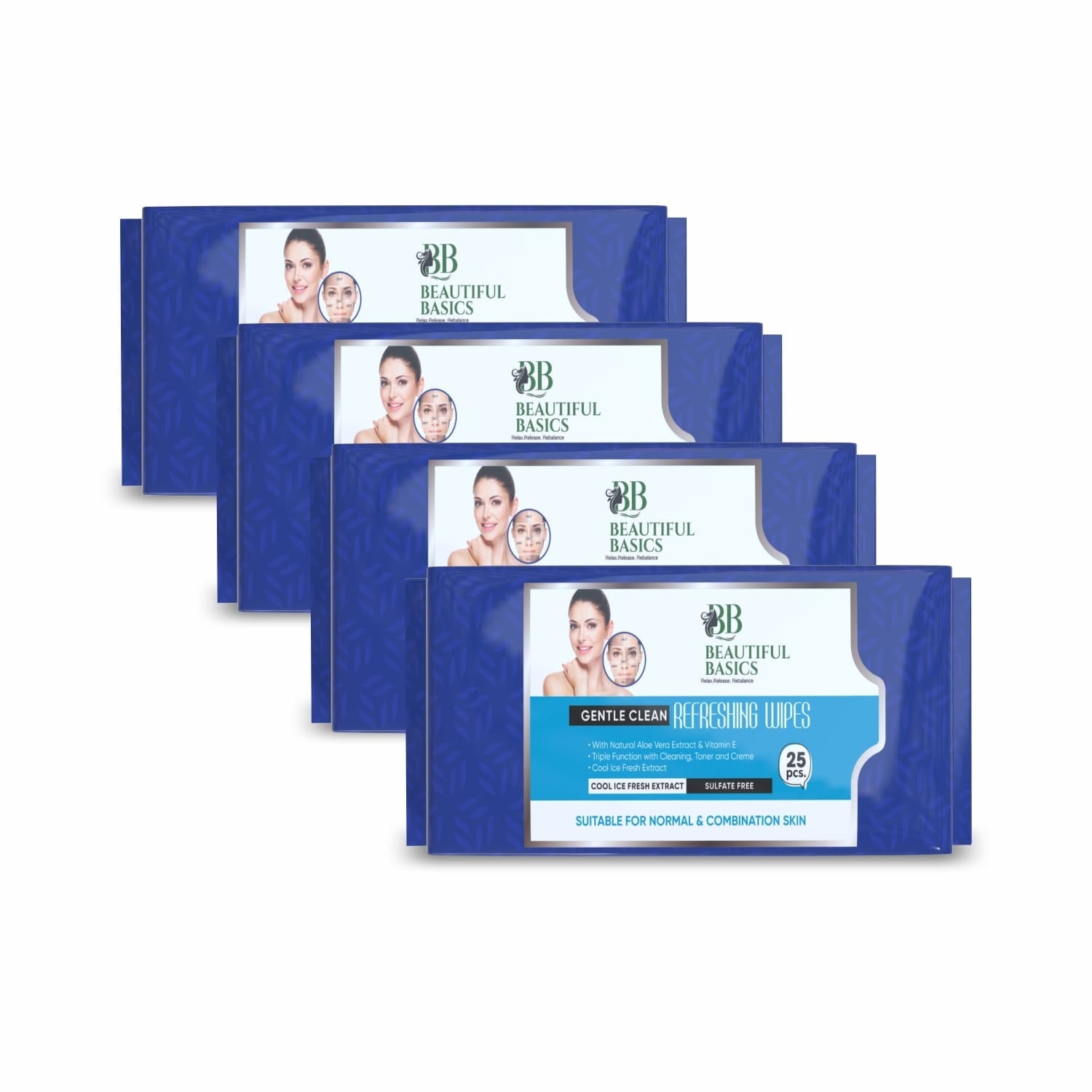 Beautiful Basics Dry Oily Sensitive  Normal Skin Face Wipes (4 Pkts X 100 Pcs Wipes) Wukusy