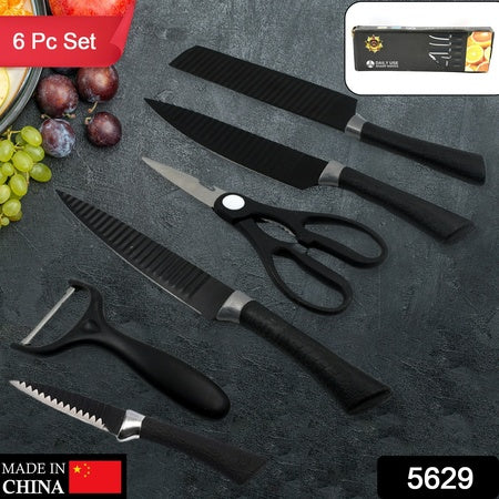 5629 6 Pieces Professional Kitchen Knife Set Meat Knife Chefs Knife With Non-slip Handle For Home Kitchen And Restaurant With Chef Peeler And Scissor (Stainless Steel  6 Pcs Set) Wukusy