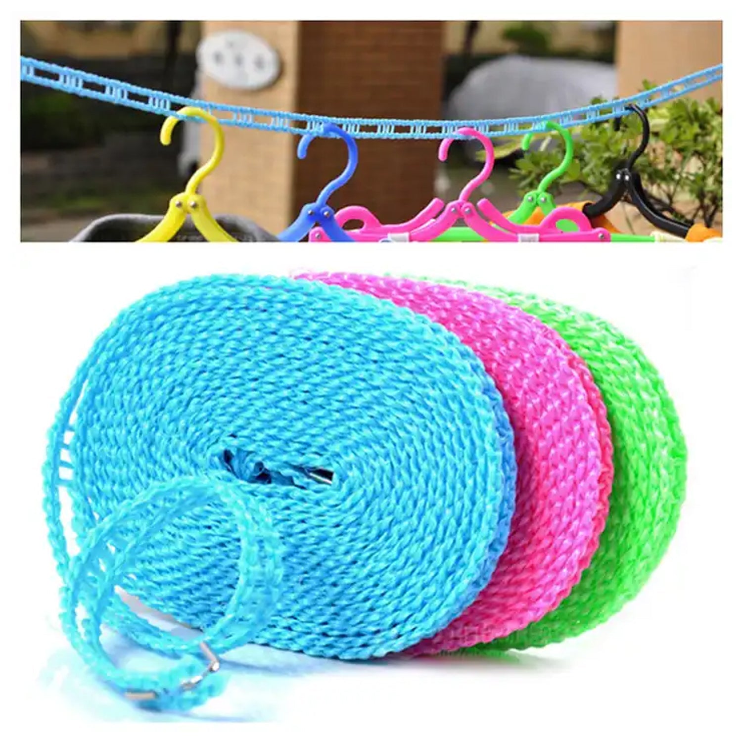 8861 3 Meters Windprood Anti-slip Clothes Washing Line Drying Nylon Rope With Hooks Durable Camping Clothesline Portable Clothes Drying Line Indoor Outdoor Laundry Storage For Travel Home Use (3 Mtr.) Wukusy