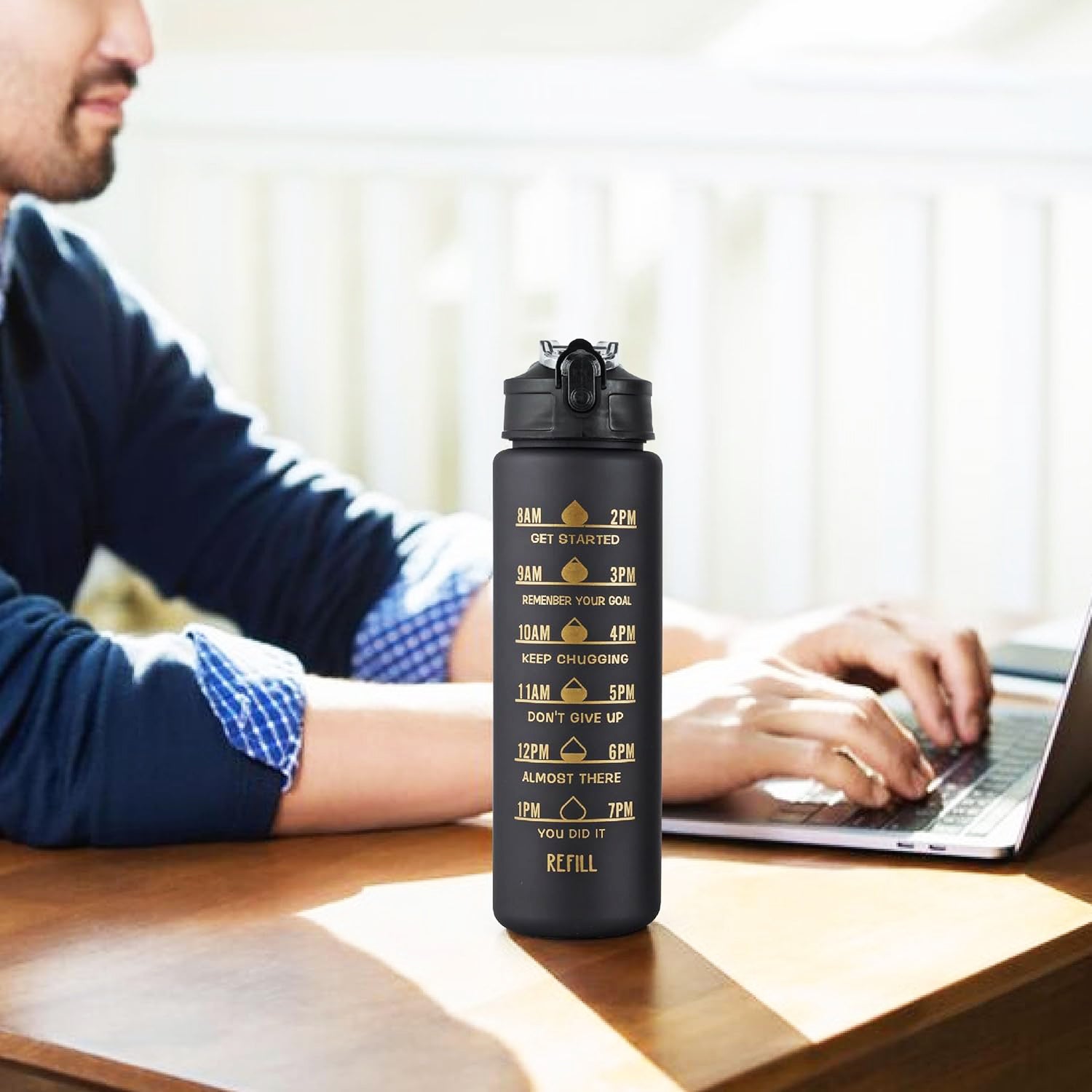 2 Pc Premium Black Motivational Water Bottle Set (900 Ml + 300 Ml) Wukusy