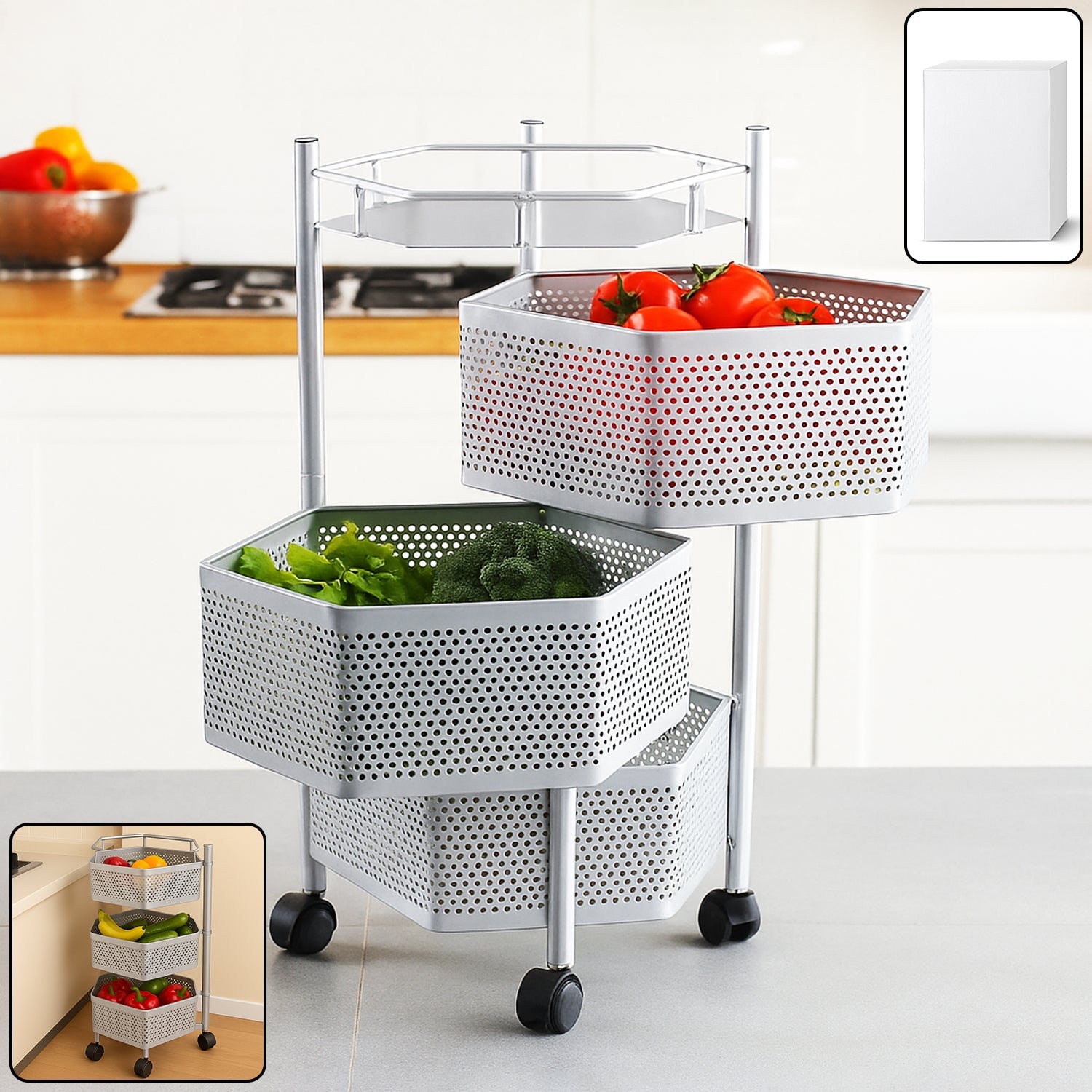 Premium 3-layer Hexagon Kitchen Storage Trolley With Wheels (1 Pc) Wukusy