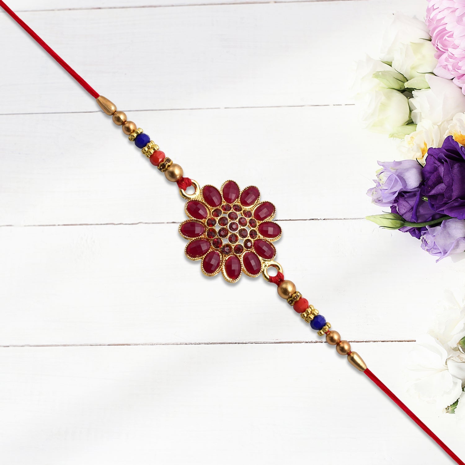 Red Floral Stone Rakhi With Bead Accents Wukusy